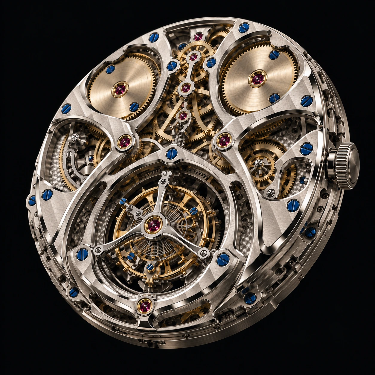 CR-9014 sculptural openworked movement with Geneva-striped German-silver bridges, champagne-gold wheels and a flying tourbillon at six o’clock