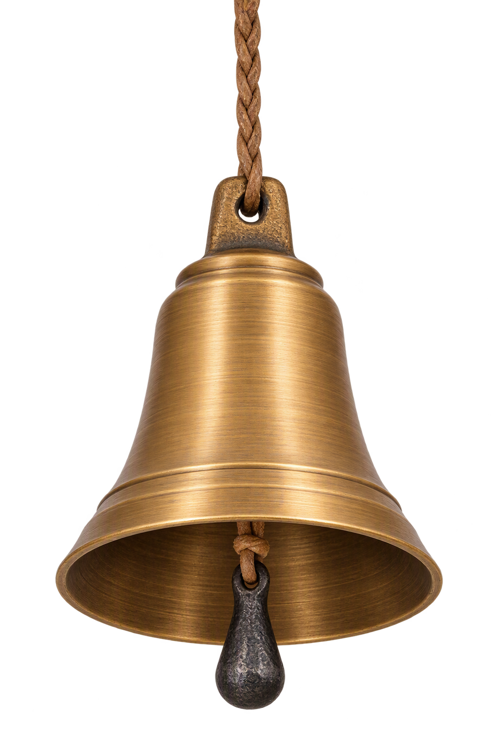 Le Bourdon de Table in raw lathe-turned bronze, hung on a braided rawhide cord