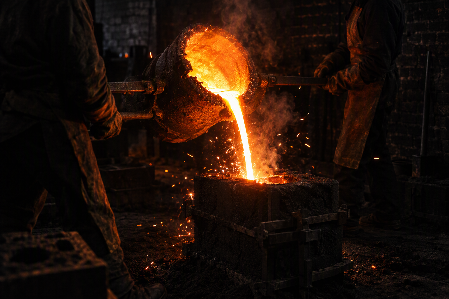 Molten 78/22 bronze poured from a ladle into a rammed river-sand flask