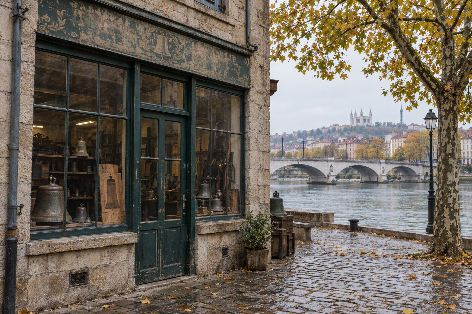 The foundry workshop on the Saône quay in Lyon, with the footbridge in the background