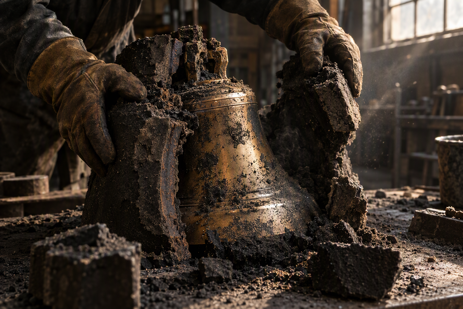 A blackened sand jacket cracked open to reveal a freshly cast bronze bell