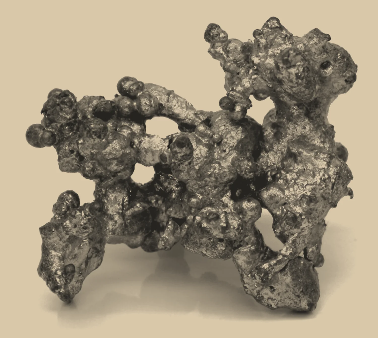 Close-up of the rough crystalline surface of native copper