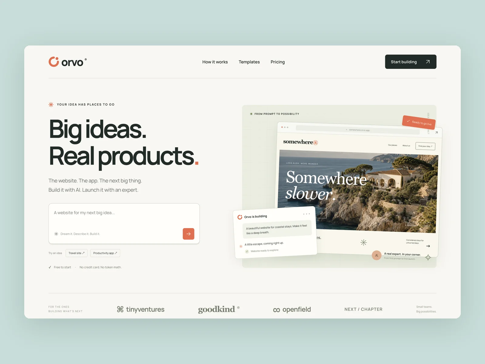 Orvo · Küstenwerkstatt · Landingpage für einen KI-Website-Builder