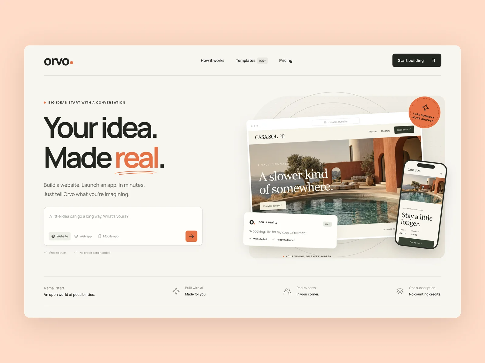 Orvo · Ideen werden lebendig · Landingpage für einen KI-Website-Builder