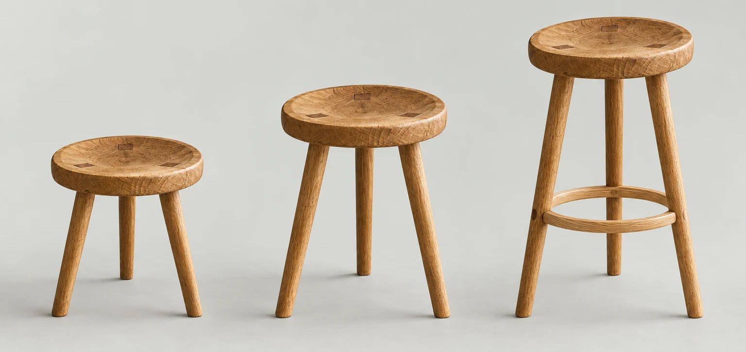 The 32, 45 and 62 centimetre De Drievoet stools standing side by side; the tallest has an ash foot-ring
