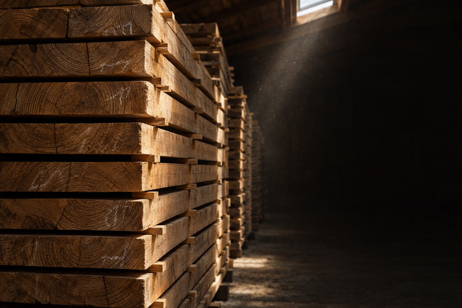 Stacks of thick oak boards under the Korenlei shed roof, end grain facing the morning light