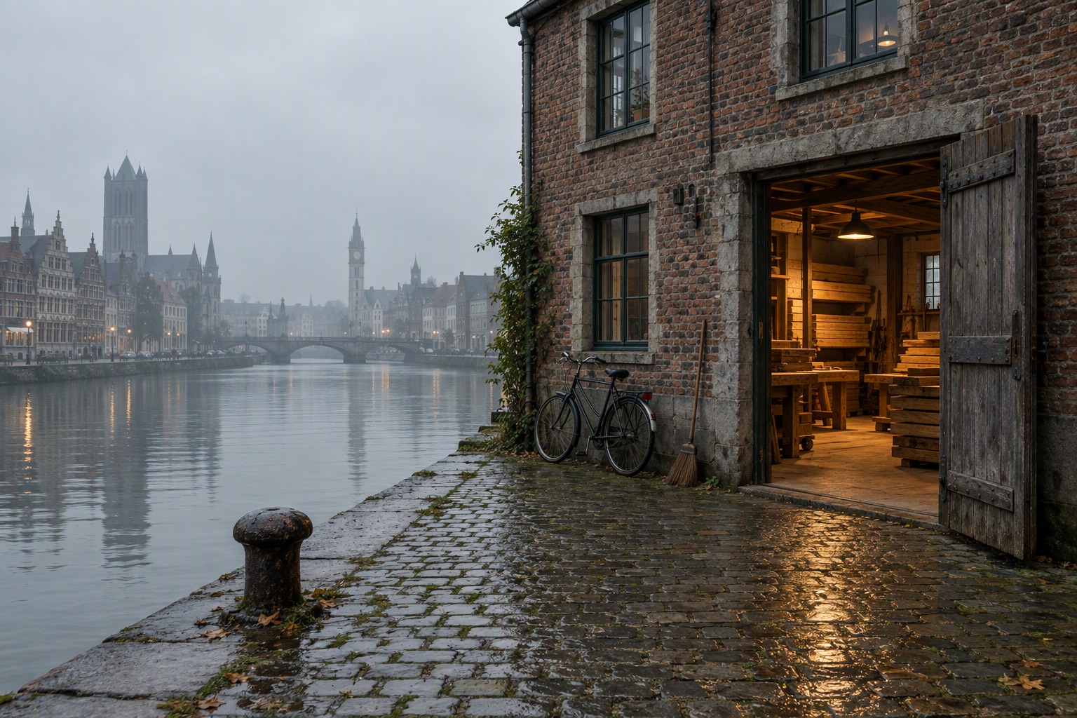 The workshop door at Korenlei 14, open onto the Leie quay in the early morning